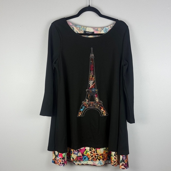 GIVFNXIY Black Eiffel Tower Patterned Layer Floral 3/4 Sleeve Tunic Top XXL - Picture 2 of 13